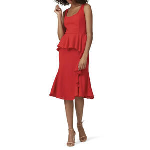 Prabal Gurung Scoop Neck Midi Length Ruffled Red Valentines Dress US 2